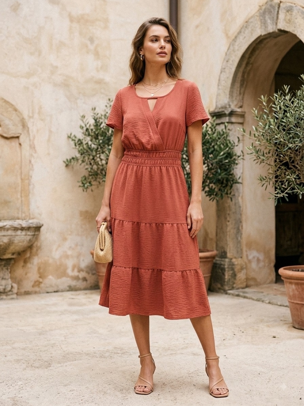 NAIF Rust Tiered Midi Boho Chic Dress with Keyhole Neck